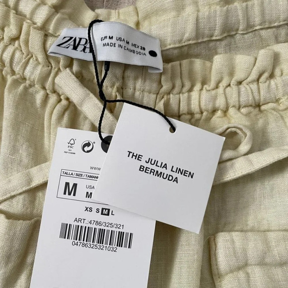 Zara 100% Linen Shorts w/ Pockets  Oversized Cream Pastel Yellow Medium NWT - Picture 6 of 9